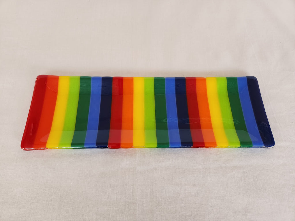 Shallow Rectangular Plate - 105 - Stripey - Rainbow Opalescent